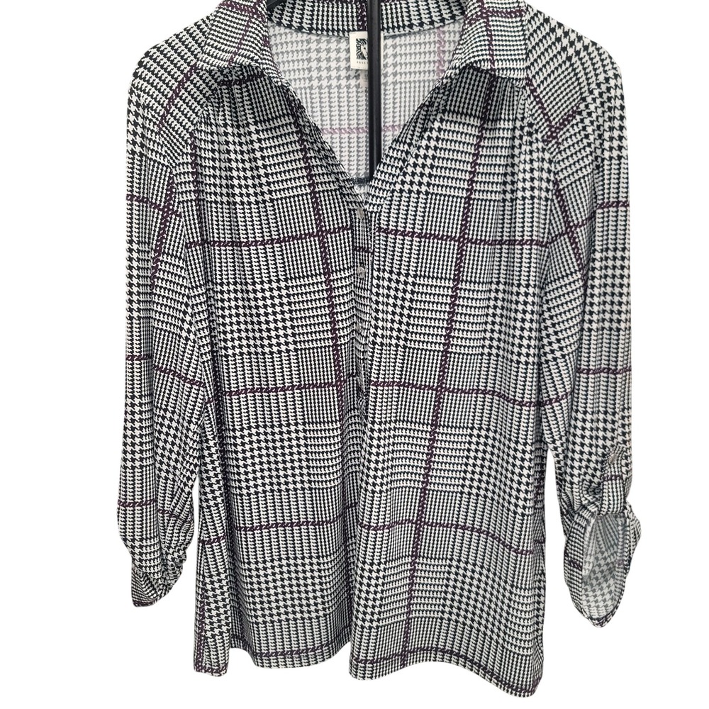 Dark Academia Anne Klein Womens 1X Houndstooth‎ Plaid Roll Tab Sleeve V-Neck Mod